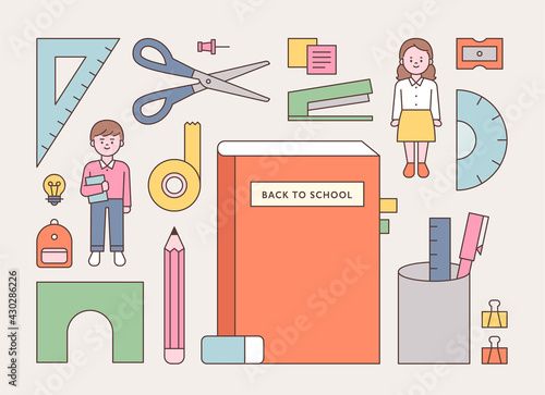 School supplies and student characters. flat design style minimal vector illustration.