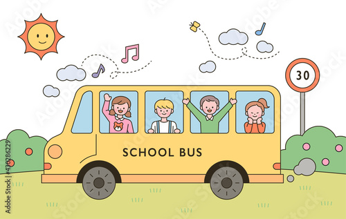 The children are having fun riding the yellow school bus. flat design style minimal vector illustration.
