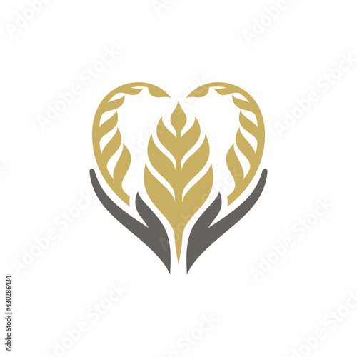 Logo template of wheat with heart and hand shape suitable for organic food icon, rice product label, health nutrition, foodstuffs, bread and others