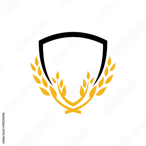 Logo template of wheat and shield suitable for food icon, organic rice product label, foodstuffs, agriculture and others