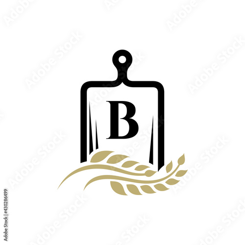 Logo template of cutting board with wheat and letter B suitable for bread store symbol, food icon, organic product label, foodstuffs and others