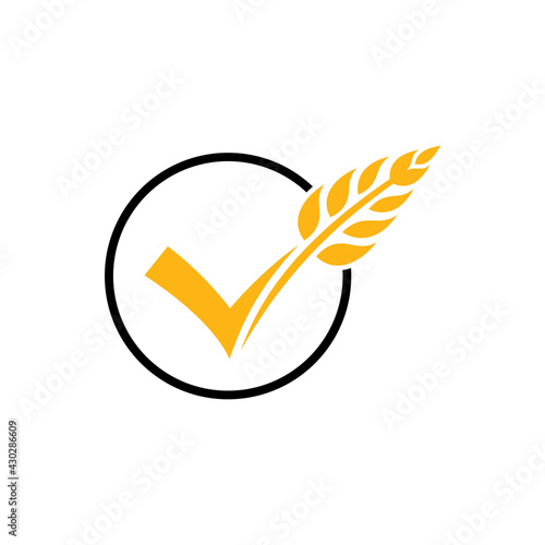 Logo template of wheat with check mark suitable for good food icon, rice product label, foodstuffs, bread and others