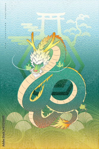 Abstract Japanese Art Calm Flying Dragon Floating with Hexagon Shape, Bonsai Tree And Torii Gate Behind and Golden Bush Below on  Japan Water Wave Repeat Pattern  with Stain Vector Graphics Design