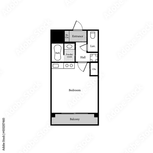 Apartment sample layout. One room studio apartment. 1 Bedroom, 1 bathroom.