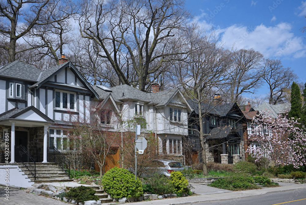 Street with row of traditional middle class detached houses with gables Street with row of traditional middle class detached houses with gables