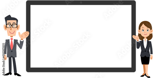 横置きのタブレットPCの前で案内する男女のビジネスパーソン
