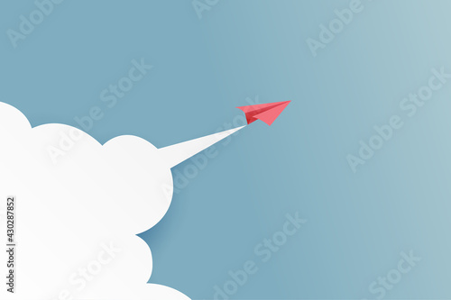 Red paper plane flying on blue sky and cloud.Paper art style of business success and leadership creative concept idea.Vector illustration.