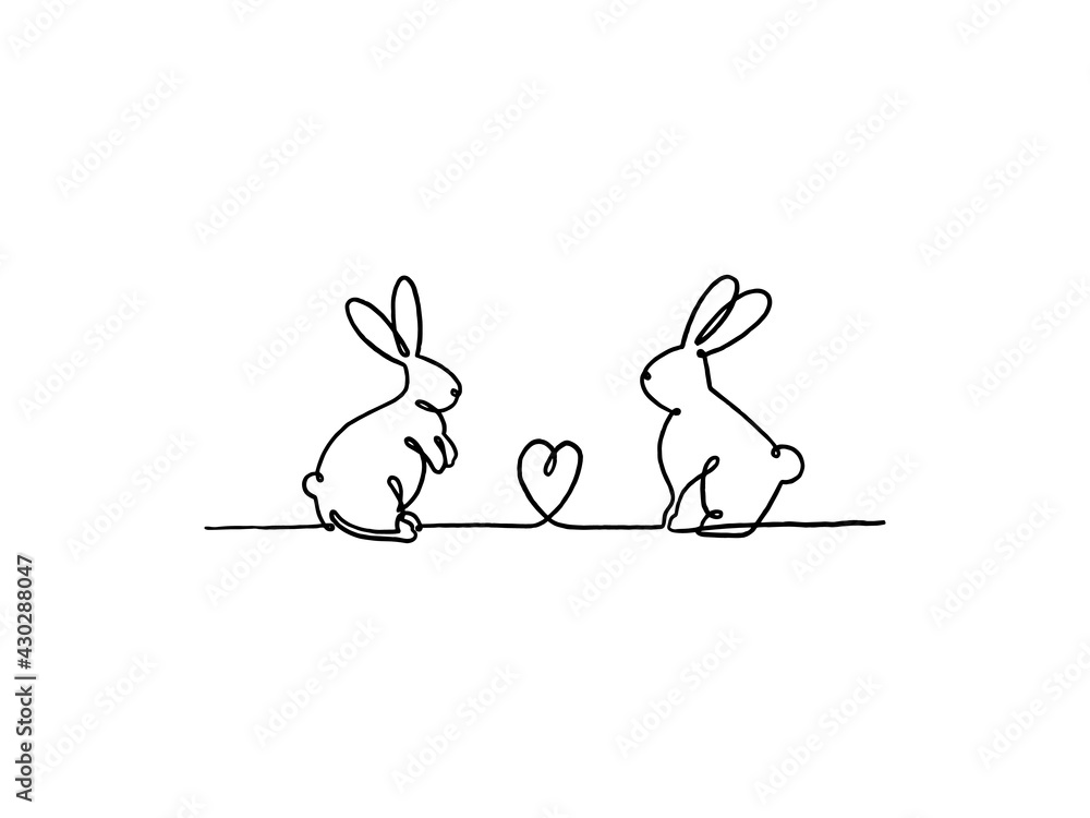 Naklejka premium Couple rabbit continuous line vector drawing.
