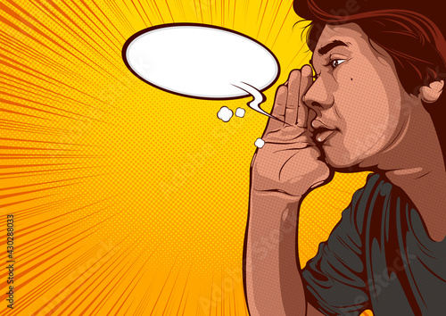 Pop Art style, man whisper or yelling or Gossip, speech bubbles, comic illustration and background.