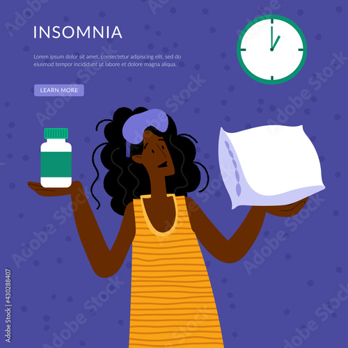 Insomnia. A black woman cannot sleep. Female character suffers from insomnia. Sleep disorder, sleeplessness concept.