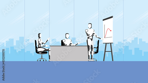 ฺTechnology concept of business in the future. Artificial intelligence meeting and brainstorming as teamwork in the conference room without people. Robot replaces and turnover humans in an office.