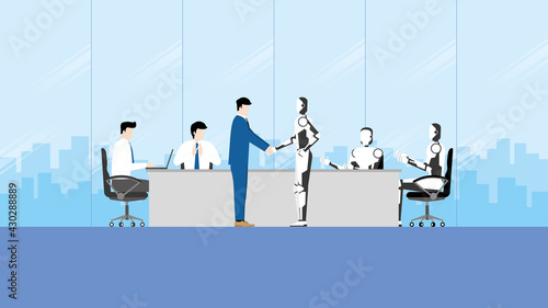 Agreement and cooperation partnership of business partner in the future concept. Joint venture meeting in the conference room. Greeting businessman handshake with robot artificial intelligence team.