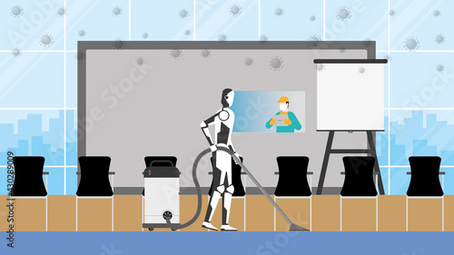 Cleaning robot control by human remote in risk area of virus epidemic and pandemic for protecting the infection. Artificial intelligence mechanism uses automatic vacuum cleaner in the conference hall.