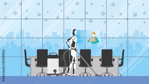 Cleaning robot control by human remote in risk area of virus epidemic and pandemic for protect the infection. Artificial intelligence mechanism uses automatic vacuum cleaner in an office meeting room.