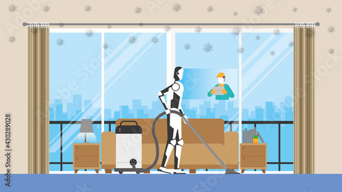 Cleaning robot control by human remote in risk area of virus epidemic and pandemic for protecting the infection. Artificial intelligence mechanism uses automatic vacuum cleaner in house living room.