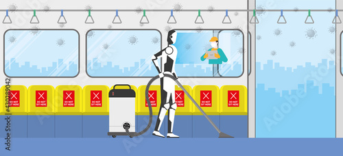 Cleaning robot control by human remote in risk area of virus epidemic and pandemic for protecting the infection. Artificial intelligence mechanism uses automatic vacuum cleaner in train public station