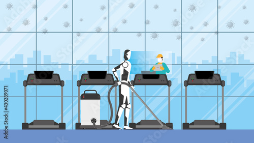 Cleaning robot control by human remote in risk area of virus epidemic and pandemic for protect infection. Artificial intelligence mechanism uses automatic vacuum cleaner in treadmill fitness center.
