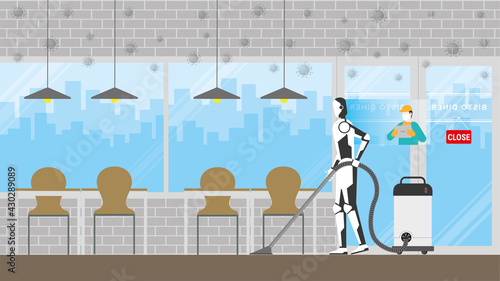 Cleaning robot control by human remote in risk area of virus epidemic and pandemic for protecting the infection. Artificial intelligence mechanism uses automatic vacuum cleaner in cafe bistro interior