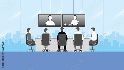 ฺTechnology concept of business online meeting teleconference video call in future. People sit and listen to the robot artificial intelligence talking by internet from video conference in office room.