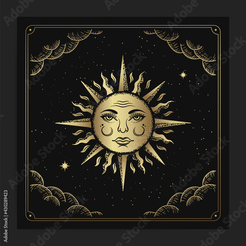 Beautiful sun face with engraving, hand drawn, luxury, celestial, esoteric, boho style, fit for spiritualist, religious, paranormal, tarot reader, astrologer or tattoo vector