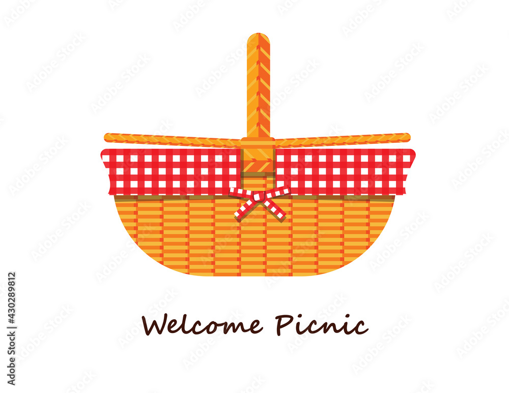 Illustration vector flat cartoon icon or logo of isolated Wicker Picnic Basket or Hamper and
