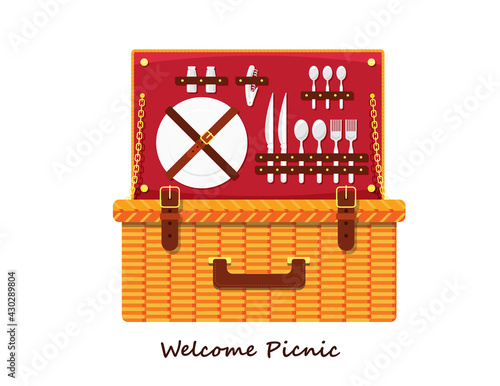 Illustration vector flat cartoon icon or logo of isolated Wicker Picnic Basket or Hamper and Cutlery, Plates, Glass, Tableware and Blanket on white background on picnic party invitation concept.