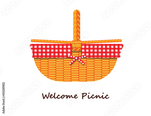 Illustration vector flat cartoon icon or logo of isolated Wicker Picnic Basket or Hamper and blanket on white background on picnic party invitation concept.