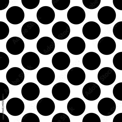 black and white big regular circles, polka dots seamless geometric vector pattern