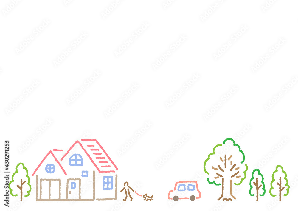 シンプルかわいい家と木のある街で犬の散歩をする人と車のカラー線画イラスト