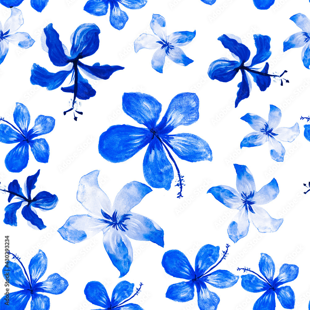 Obraz premium Navy Tropical Plant. Blue Seamless Plant. Azure Pattern Plant. Indigo Flower Design. Cobalt Spring Foliage. White Flora Textile. Gray Decoration Palm.