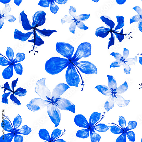 Navy Tropical Plant. Blue Seamless Plant. Azure Pattern Plant. Indigo Flower Design. Cobalt Spring Foliage. White Flora Textile. Gray Decoration Palm.