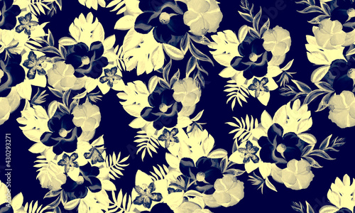 White Seamless Palm. Navy Pattern Art. Blue Tropical Vintage. Indigo Floral Nature. Gray Flora Foliage. Cobalt Watercolor Background. Decoration Texture.