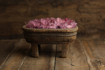 Newborn photography digital background prop. Wood Bad with fur and on a wooden background