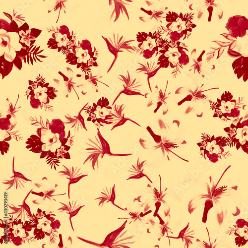 Scarlet Pattern Art. Brown Tropical Design. Gray Floral Foliage. Ruby Drawing Leaves. Coral Fashion Painting. Red Flora Background. Decoration Nature.