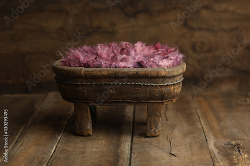 Newborn photography digital background prop. Wood Bad with fur and on a wooden background