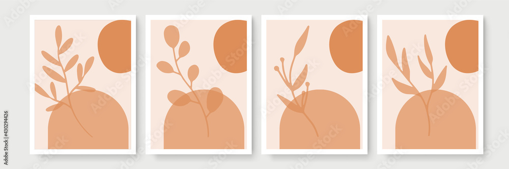Obraz premium Botanical wall art vector set. Earth tone boho foliage line art drawing with abstract shape. Abstract Plant Art design for print, cover, wallpaper, Minimal and natural wall art.