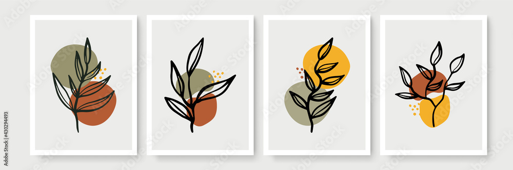 Botanical wall art vector set. Earth tone boho foliage line art drawing with abstract shape. Abstract Plant Art design for print, cover, wallpaper, Minimal and natural wall art. Botanical wall art vector set. Earth tone boho foliage line art drawing with abstract shape. Abstract Plant Art design for print, cover, wallpaper, Minimal and natural wall art.