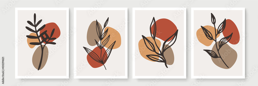 Abstract modern botanical boho poster collection. Organic bohemian wall art poster for minimal luxury interior with watercolor abstract shapes. Neutral paster color, foliage drawing. Acrylic vector Abstract modern botanical boho poster collection. Organic bohemian wall art poster for minimal luxury interior with watercolor abstract shapes. Neutral paster color, foliage drawing. Acrylic vector