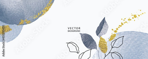 minimal background in blue water color texture with golden metallic flowers and tropical summer leaf