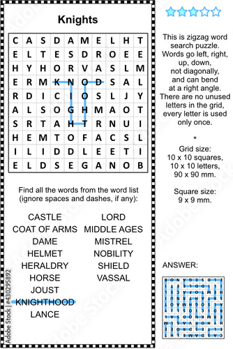 Knights themed zigzag word search puzzle (suitable both for kids and adults). Answer included.
