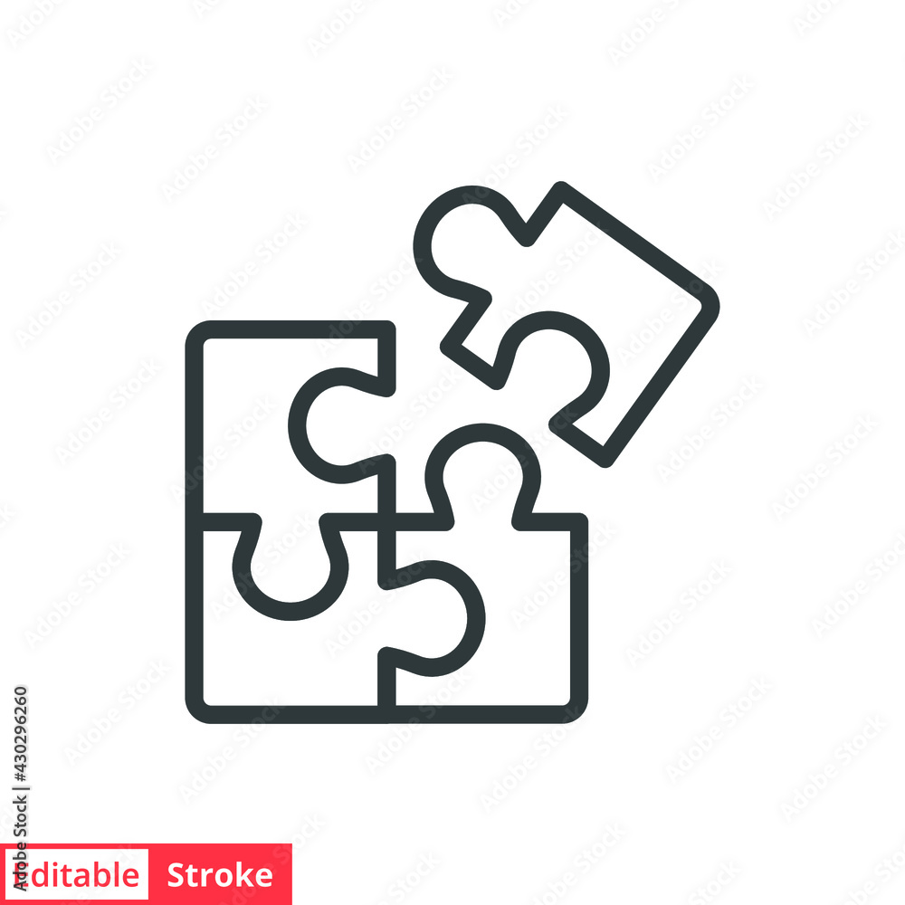Puzzle line icon. Simple outline style. Jigsaw symbol, pictogram, single, piece, business, teamwork logo concept design. Vector illustration isolated on white background. Editable stroke EPS 10. Puzzle line icon. Simple outline style. Jigsaw symbol, pictogram, single, piece, business, teamwork logo concept design. Vector illustration isolated on white background. Editable stroke EPS 10.