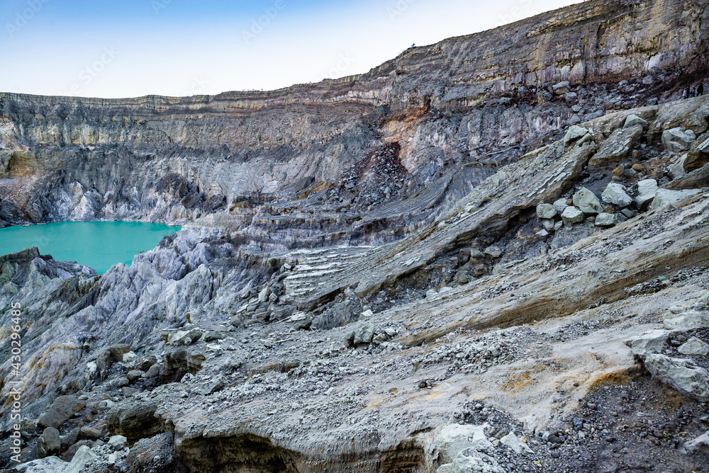 Rock wall and sulphur mining in Ijen crater in the morning in Kawah Ijen volcano Landmark from East Java Indonesia Rock wall and sulphur mining in Ijen crater in the morning in Kawah Ijen volcano Landmark from East Java Indonesia