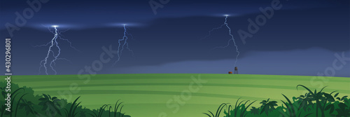 Summer rural landscape. Farm scene with country fields and stormy sky.