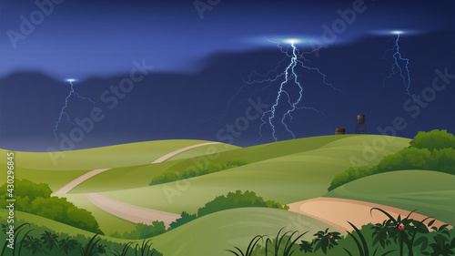 Summer landscape with country road passes through the fields. Farm scene with country fields and dark stormy sky. 