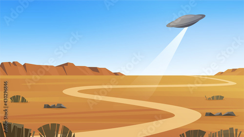 Flying saucer over the desert landscape. UFO over Nevada. Vector illustration.
