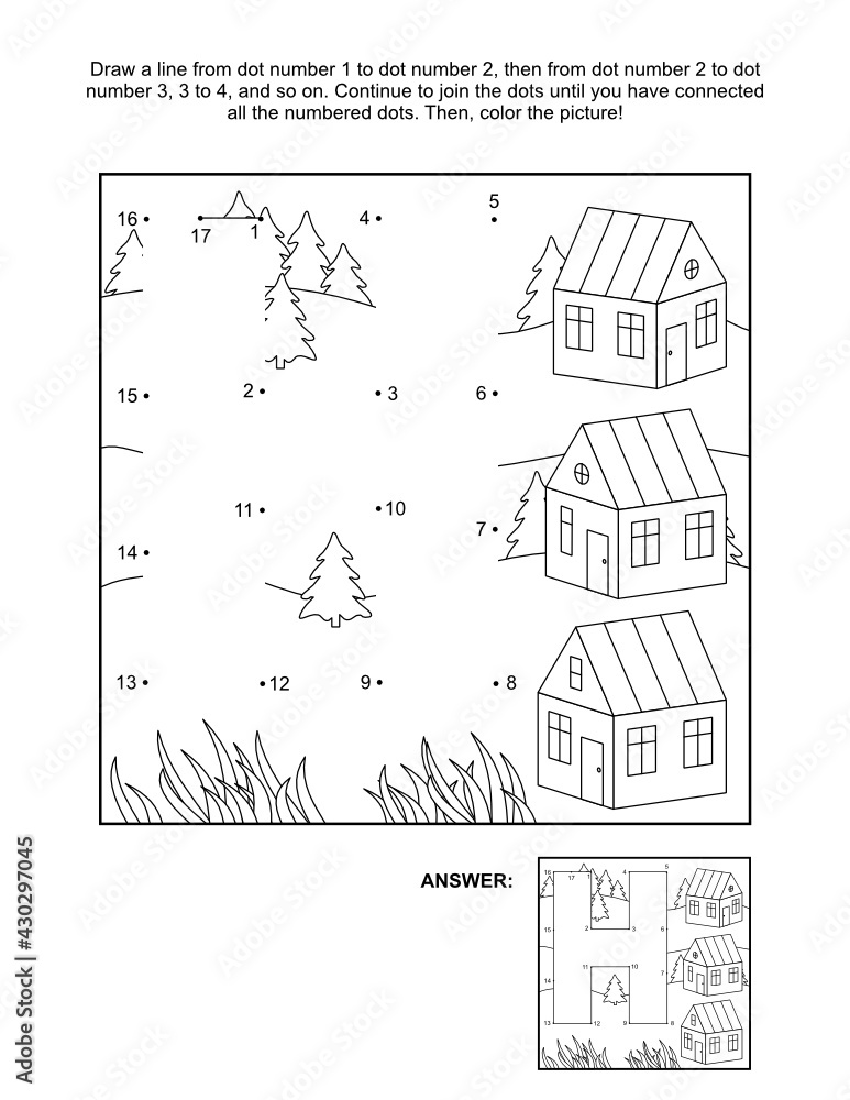 Letter H dot-to-dot and coloring page activity (houses). Answer included.
