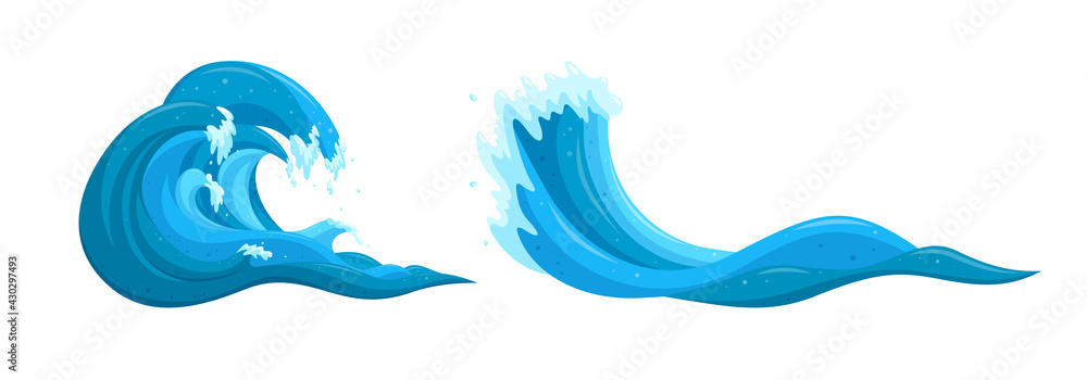 Flooing water elements. Ocean tsunami waves set. Cartoon vector illustrations isolated on white background Flooing water elements. Ocean tsunami waves set. Cartoon vector illustrations isolated on white background