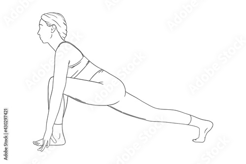 Fitness yogi woman. Hatha yoga equestrian pose. Engraved vector illustration in white background