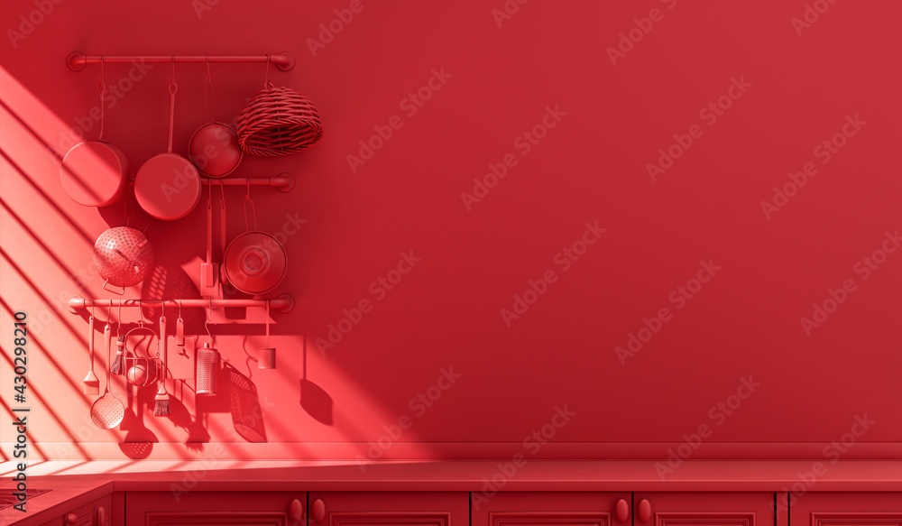 Wall mounted red kitchen dresser with everyday kitchenware inside in monochrome, single color red kitchen with countertop in warm morning sunlight. Flat color scene, 3d Rendering. Morning Shine.