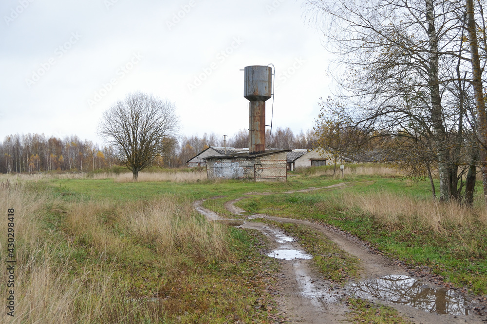 Old farm, cowshed, water tower and country road, grove, autumn, cloudy cool day Old farm, cowshed, water tower and country road, grove, autumn, cloudy cool day